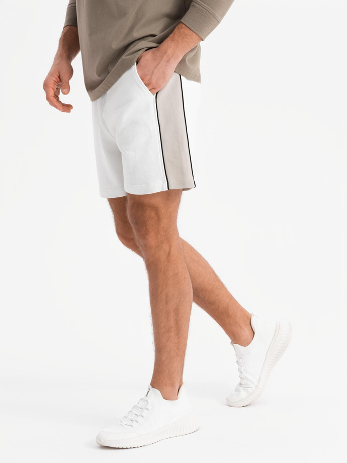Men's short sweat shorts with wide stripes - broken white V1 OM-SRSK-0182