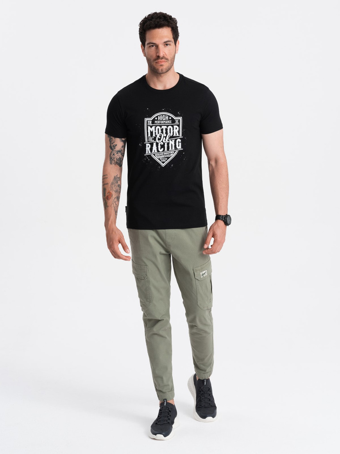 T-shirt męski z nadrukiem w stylu motocyklowym – czarny V1 OM-TSPT-0125