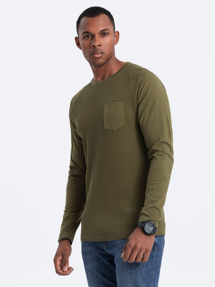 Longsleeve męski o strukturze "wafla" - oliwkowy V3 OM-LSCL-0109
