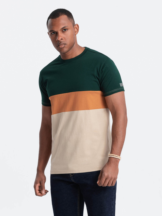 Men's tricolor T-shirt with wide stripes - green and beige V4 OM-TSCT-0152