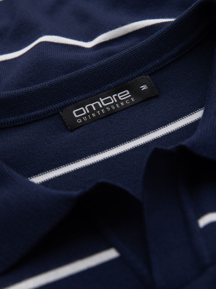 Men's horizontal striped polo shirt with viscose - navy blue and white V1 OM-POSS-0145