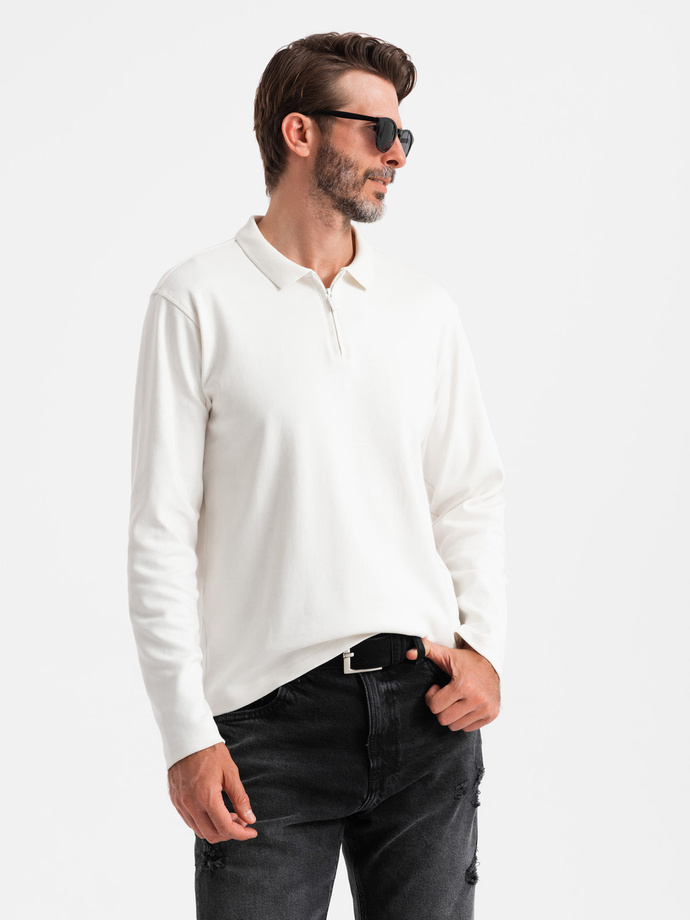 Męski longsleeve polo z zapinanym na zamek kołnierzykiem – biały V1 OM-POLS-0130