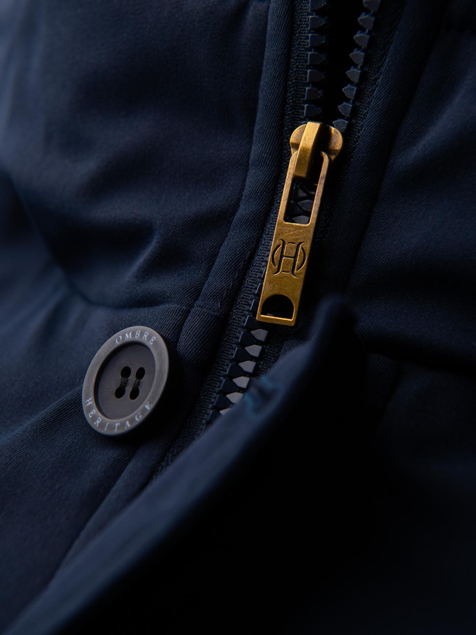 Elegant men's parka with cargo pockets and hood - navy blue V2 OM-JAPJ-0287