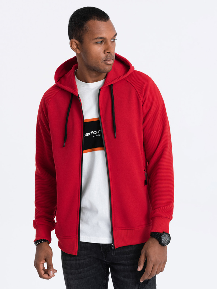 Men's unbuttoned hooded sweatshirt - red V6 OM-SSZP-0124