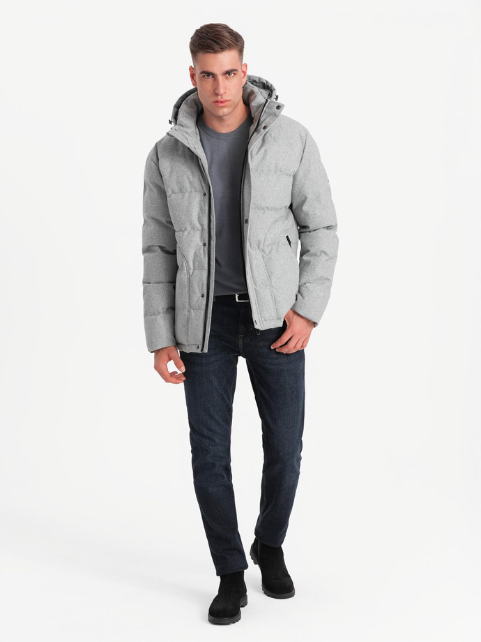 Męska casualowa kurtka puffer z wełną – jasnoszary melanż V3 OM-JAHP-0203