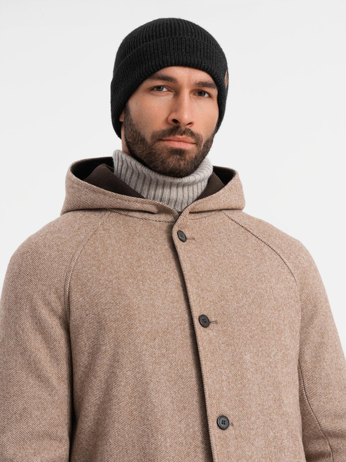 Melange long men's hooded coat - beige V2 OM-COWC-0122