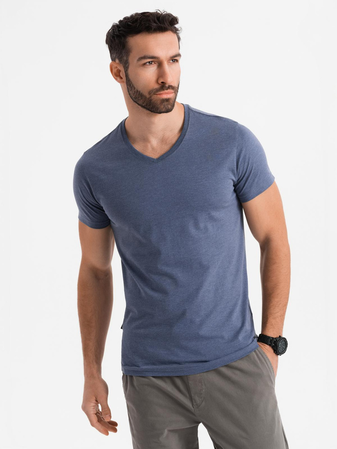 Men's BASIC classic cotton T-shirt with a serape neckline - blue melange V18 OM-TSBS-0237