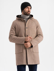 Melange long men's hooded coat - beige V2 OM-COWC-0122