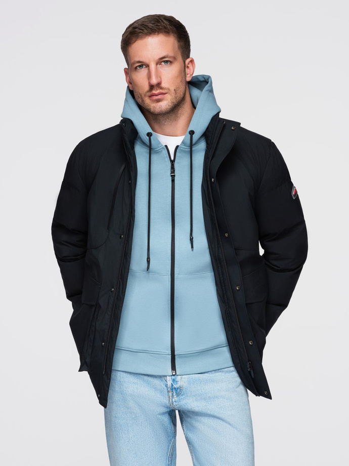 Men's winter jacket with detachable hood in waterproof material - black V3 OM-JAHP-0306