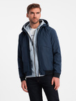 Men's lightweight jacket with hood and mesh lining - navy blue V1 OM-JANP-0149