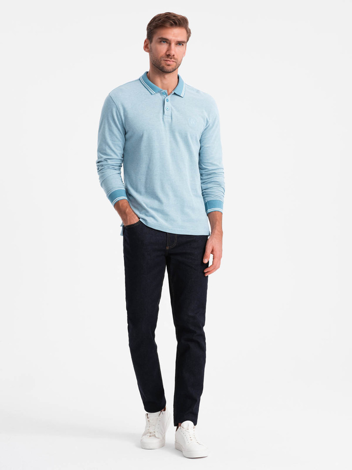 Melanżowy longsleeve męski polo z haftem – niebieski melanż V3 OM-POLS-0129 