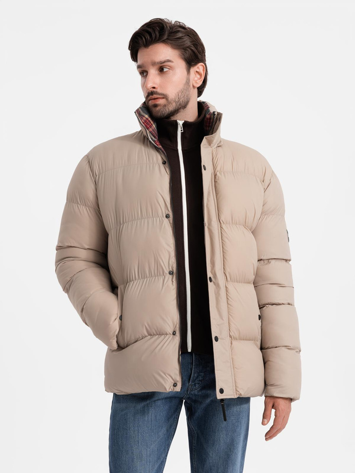 Men's puffer jacket with check lining - beige V2 OM-JAHP-0205