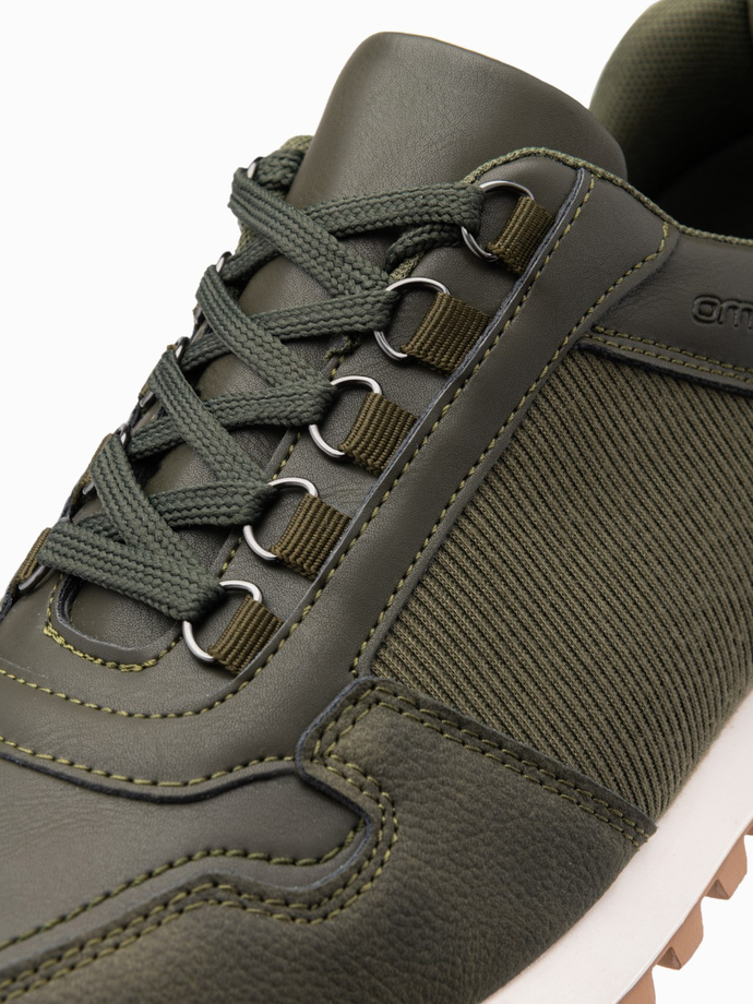 Patchworkowe męskie buty sneakersy z łączonych materiałów – ciemnooliwkowe V4 OM-FOSL-0144 