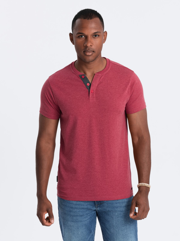 T-shirt męski z okrągłym rozpinanym dekoltem henley – czerwony V1 OM-TSCT-0155