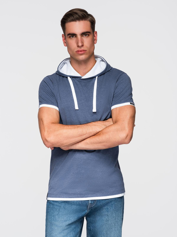 Men's hooded cotton t-shirt - dark blue melange V12 OM-TSCT-0256