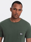 Casual men's t-shirt with patch on pocket - dark olive V4 OM-TSCT-0109