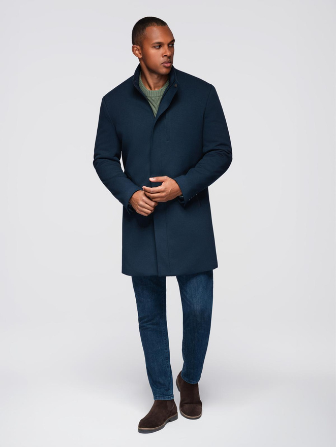 Men's coat with asymmetrical fastening and high collar - light brown V4 OM-COWC-0120