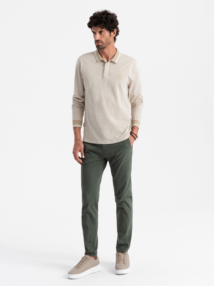 Melanżowy męski polo longsleeve z haftem – piaskowy melanż V4 OM-POLS-0129 