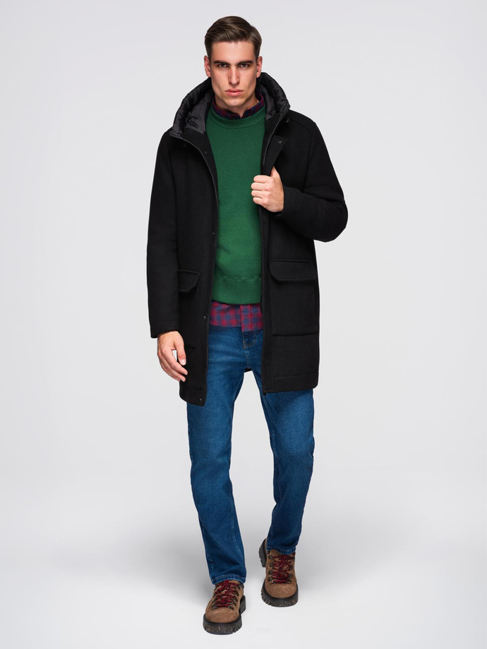 Men's insulated coat with hood and concealed zipper - black V1 OM-COWC-0110