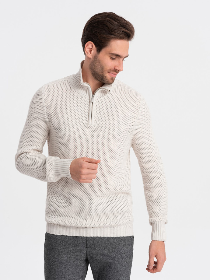 Sweter męski dzianinowy z rozpinaną stójką - kremowy V1 OM-SWZS-0105