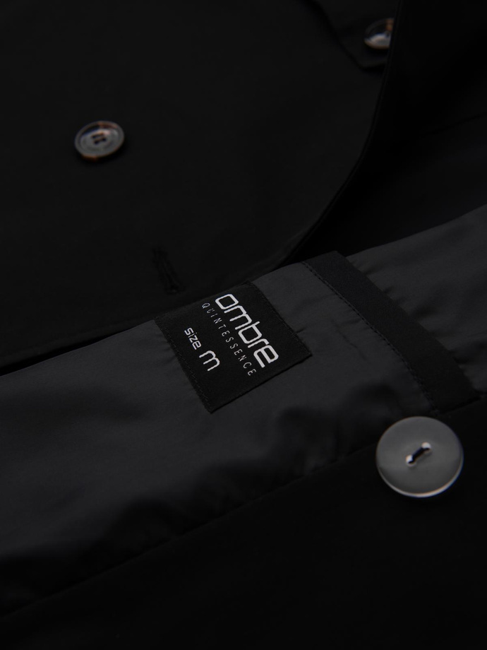 Elegancki płaszcz męski trencz SLIM FIT z paskiem – czarny V2 OM-COSC-0126