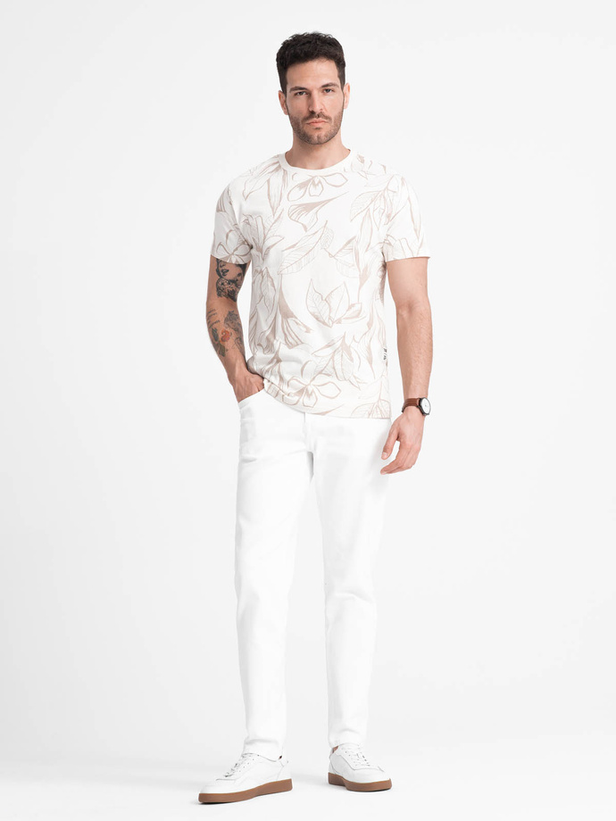 Men's full-print t-shirt in contrasting leaves - light beige V1 OM-TSFP-0180