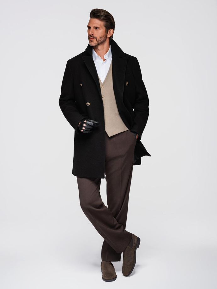 Men's coat with asymmetrical fastening and high collar - light brown V4 OM-COWC-0120