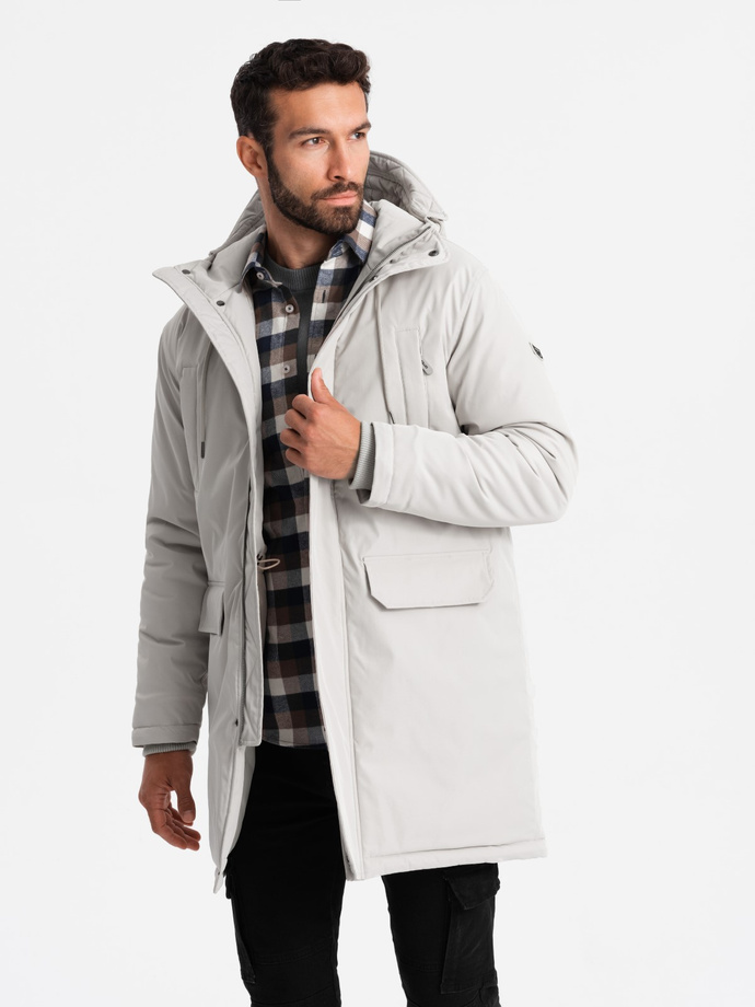 Długa klasyczna męska kurtka typu parka – kremowa V1 OM-JALJ-0166
