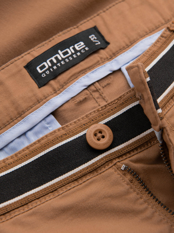 Spodnie męskie chino z ozdobną taśmą w pasie SLIM FIT – brązowe V4 OM-PACP-0118