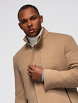 Men's coat with asymmetrical fastening and high collar - light brown V4 OM-COWC-0120