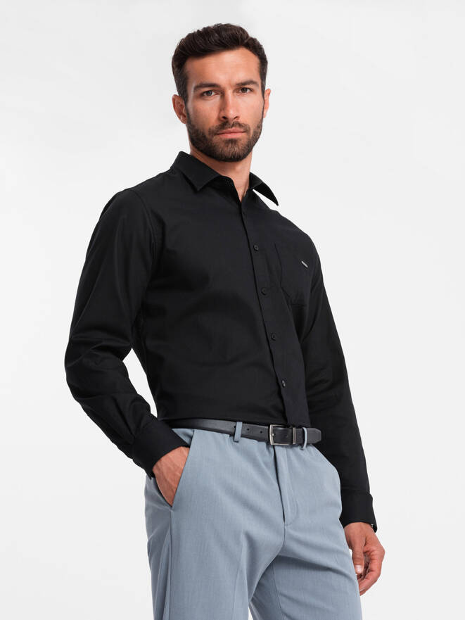Bawełniana męska koszula z kieszenią REGULAR FIT - czarna V1 OM-SHCS-0147