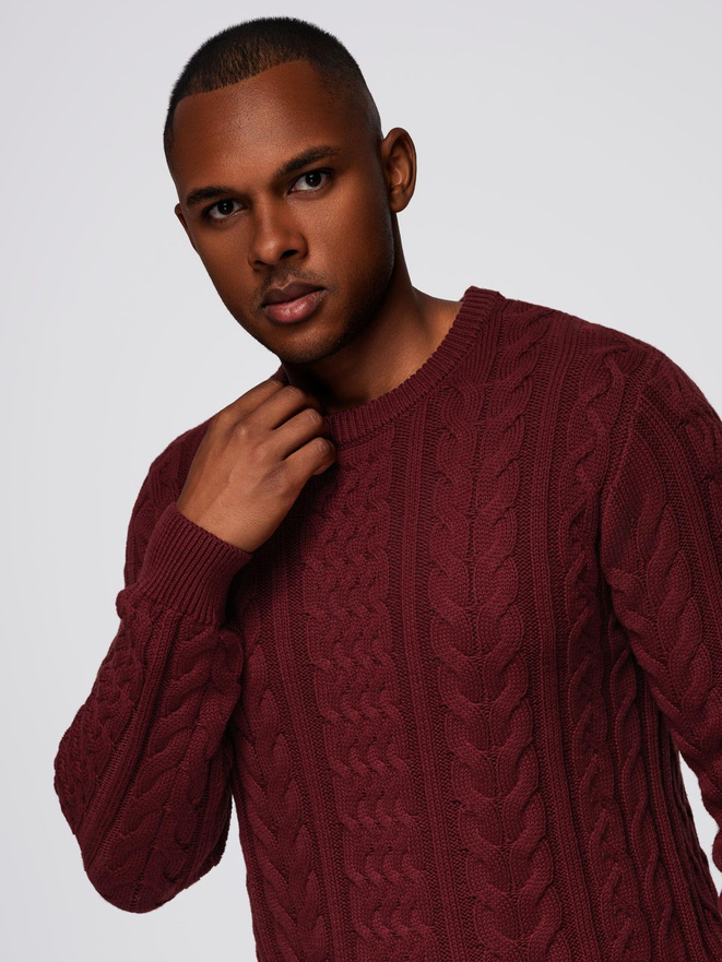 Elegancki sweter męski z ciekawym splotem – bordowy V6 OM-SWSW-0173