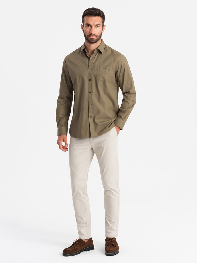 Jednolite spodnie chino męskie SLIM FIT – beżowe V2 OM-PACP-0183