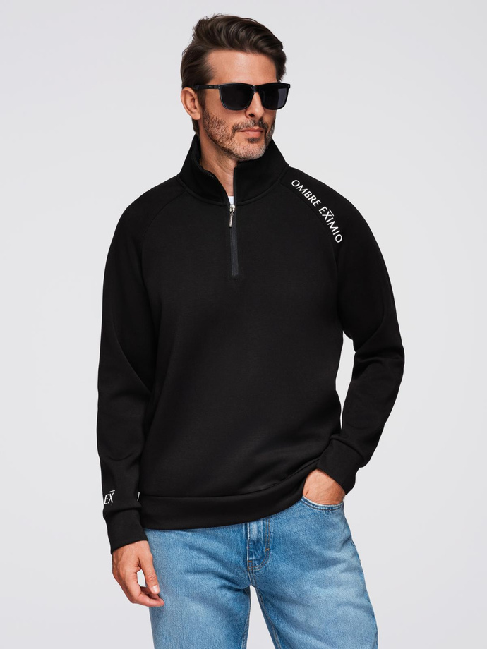 Men's sweatshirt with unbuttoned high collar and contrasting print - black V1 OM-SSZP-0211