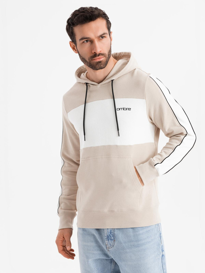 Men's cotton hoodie with contrasting elements - beige V2 OM-SSNZ-0225