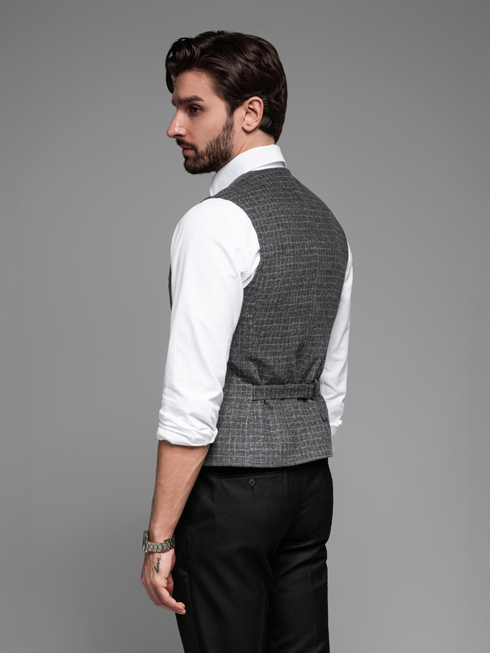 Elegancka kamizelka męska w kratkę z klapami – czarna V3 OM-BLZV-0110