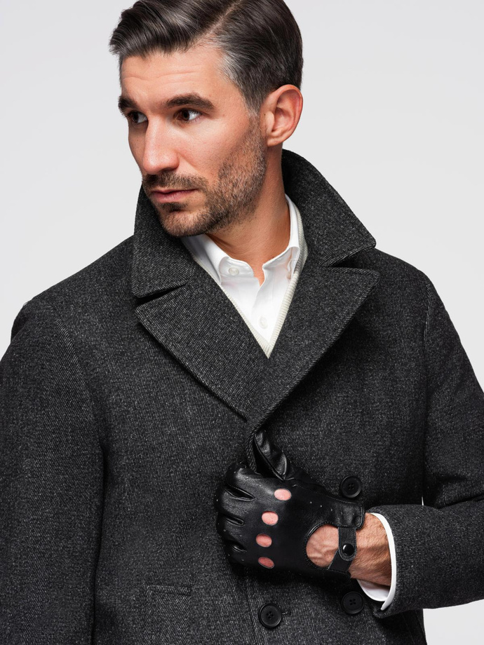 Men's short double-breasted wool coat - graphite V1 OM-COWC-0115