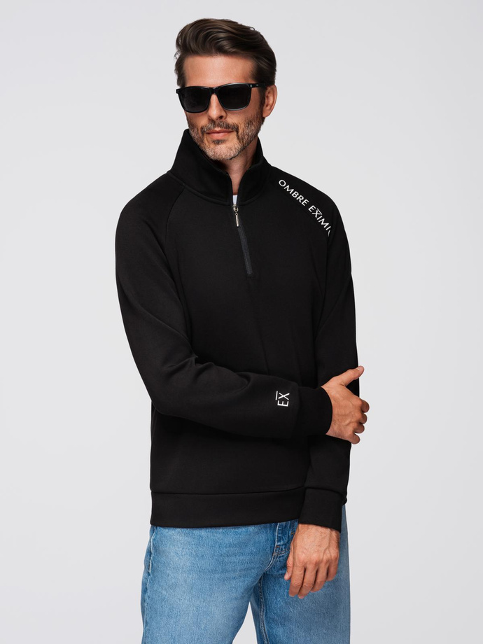 Men's sweatshirt with unbuttoned high collar and contrasting print - black V1 OM-SSZP-0211