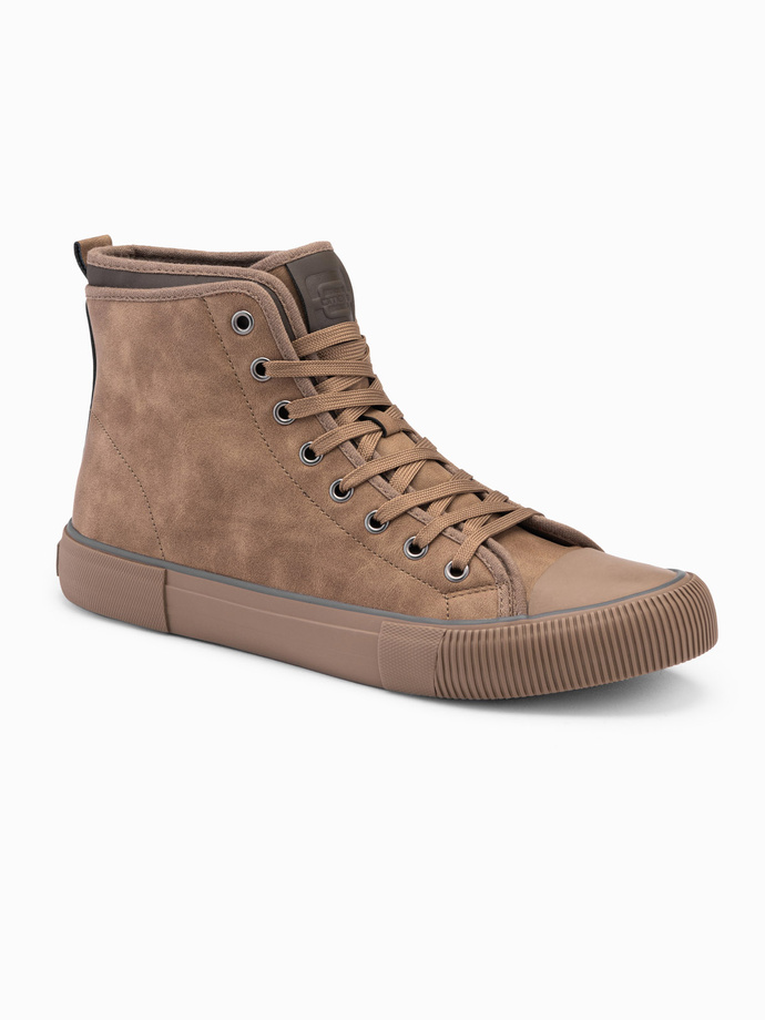 Męskie wysokie buty trampki z dekoracyjną lamówką – brązowe V2 OM-FOTH-0158