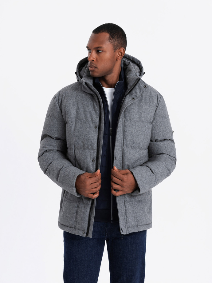 Casualowa kurtka męska puffer z wełną – szary melanż V1 OM-JAHP-0203