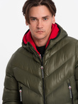Men's quilted winter jacket with combined materials - dark olive green V3 OM-JAHP-0145