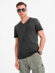 Men's cotton knit V-neck t-shirt with wash effect - black V6 OM-TSWT-0242