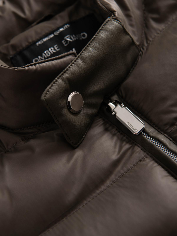 Men's imitation leather jacket with ribbed hem - dark brown V1 OM-JAFL-0109