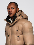 Długa męska kurtka puffer z zapinanymi kieszeniami – brązowa V2 OM-JALJ-0186