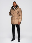 Długa męska kurtka puffer z zapinanymi kieszeniami – brązowa V2 OM-JALJ-0186