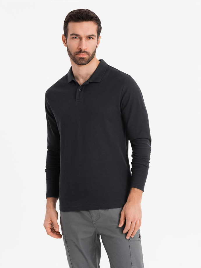 Longsleeve męski z kołnierzykiem polo BASIC – czarny V2 OM-POBL-0114