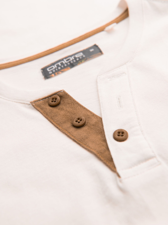 Men's t-shirt with button neckline and suede trim - white V1 OM-TSCT-0206