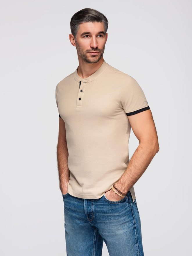Men's collarless polo shirt - beige V5 OM-TSCT-0156