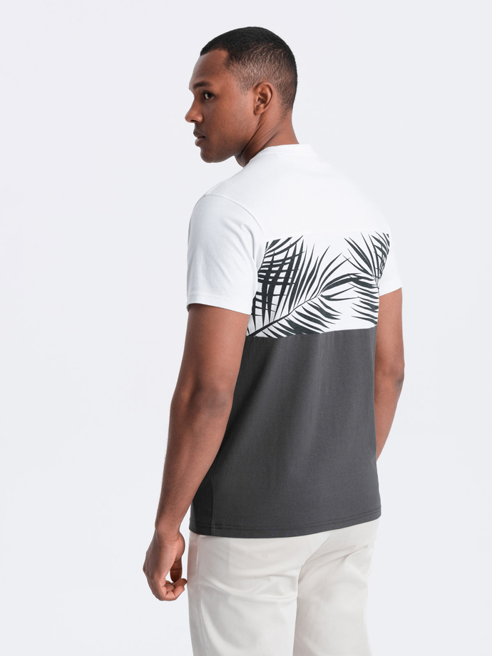 Men's two-tone t-shirt with palm leaf print - graphite V2 OM-TSPT-0177