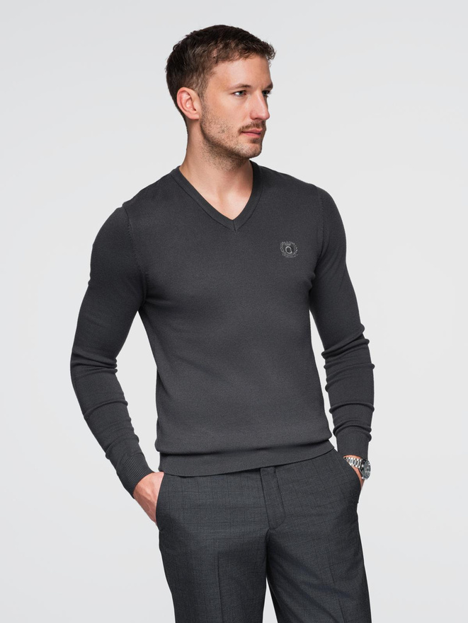 Elegant men's sweater with a heart neckline - graphite V17 OM-SWBS-0107